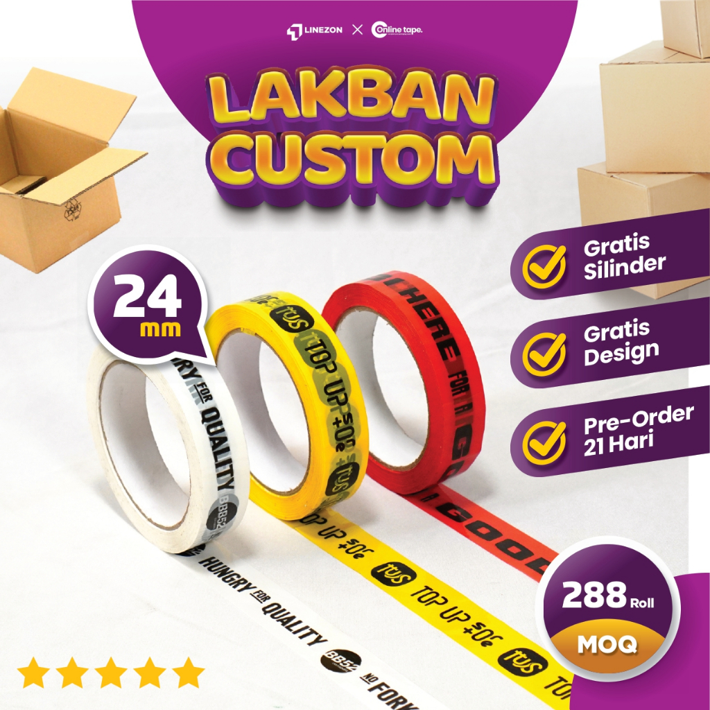 Cetak Lakban Custom Printing Blok 1 Warna 24mm 90 YARD ECO / Isolasi Brand Custom