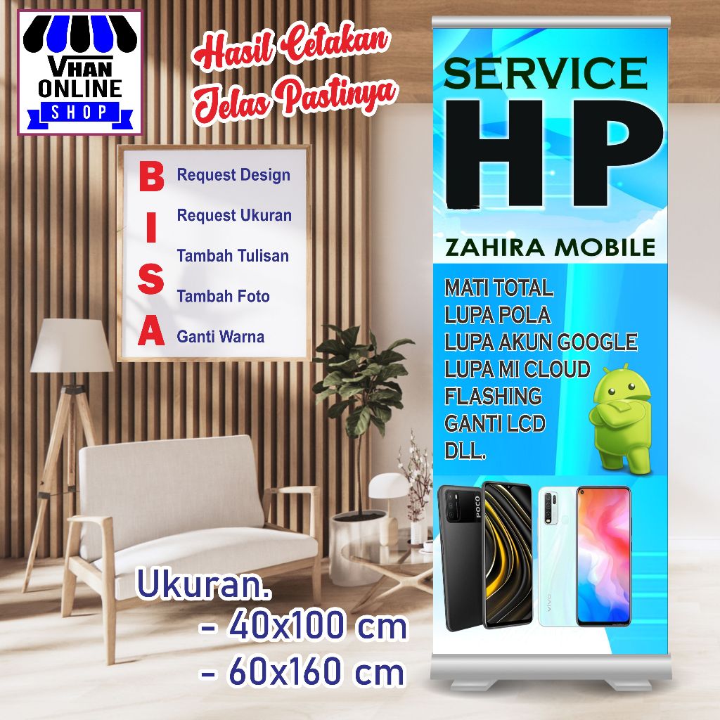 Custom Banner Spanduk MMT Warna Biru untuk Konter Service HP