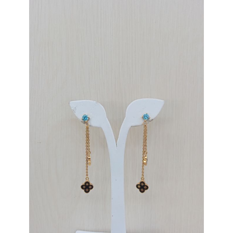 Giwang emas tua variasi permata biru bunga hitam