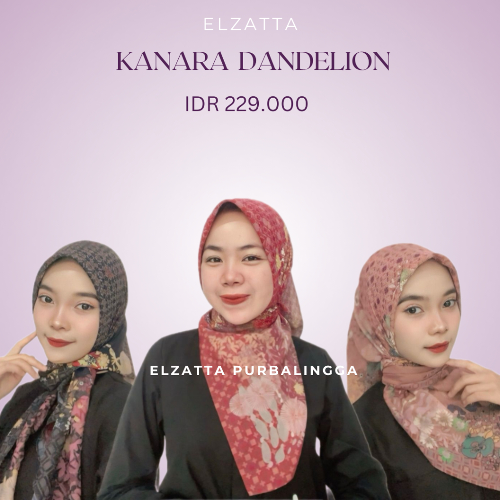 Elzatta Jilbab Segiempat Premium Kanara Dandelion Scarf Segiempat Motif Free Box Elzatta
