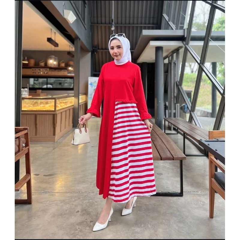 Midi Dress Merah Putih (WD) - Dress Wanita Merah Putih