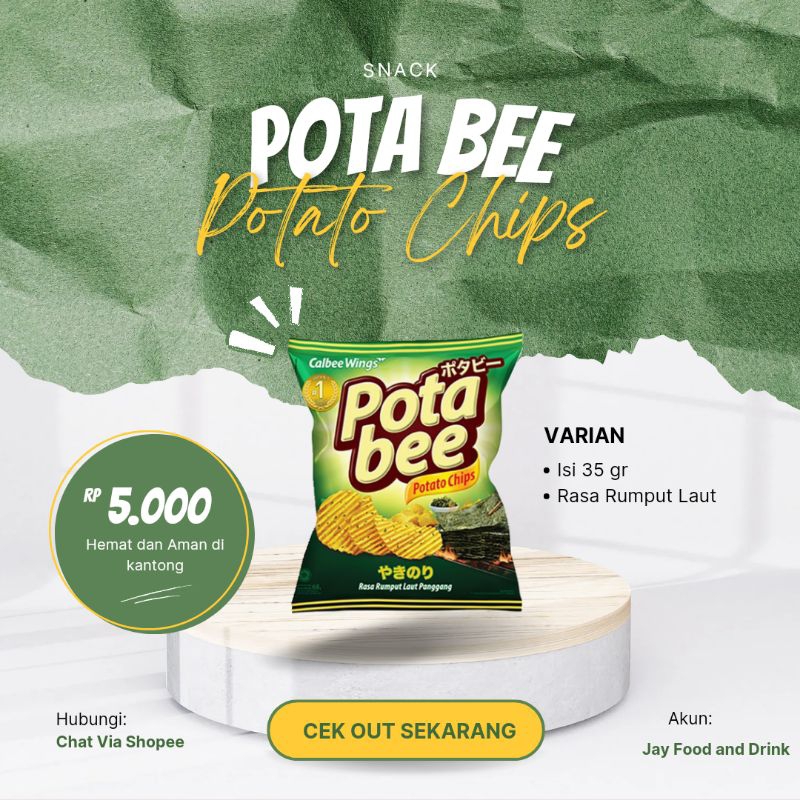 

Pota Bee Potato Chips isi 35 gr Rasa Rumput Laut / Barbeque