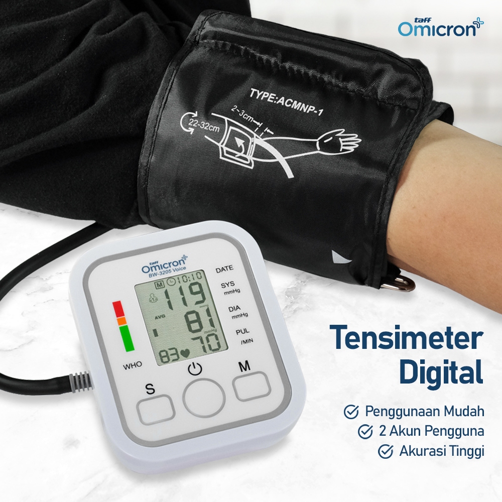 SET LENGKAP TaffOmicron Tensimeter Digital Pengukur Tekanan Darah Bahasa Indonesia Tensi BW-3205