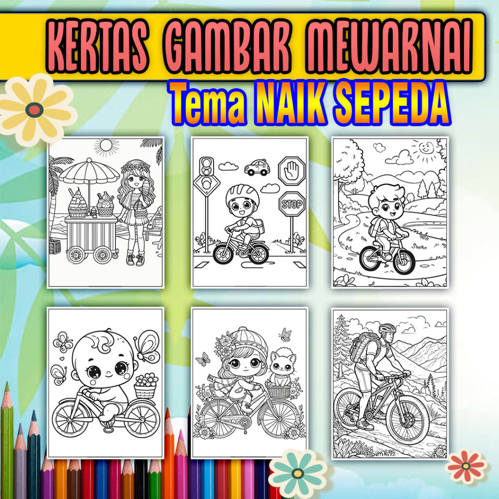 

Kertas Mewarnai Anak paud, sd, smp, sma maupun dewasa kertas tebal ukuran A4 tema NAIK SEPEDA