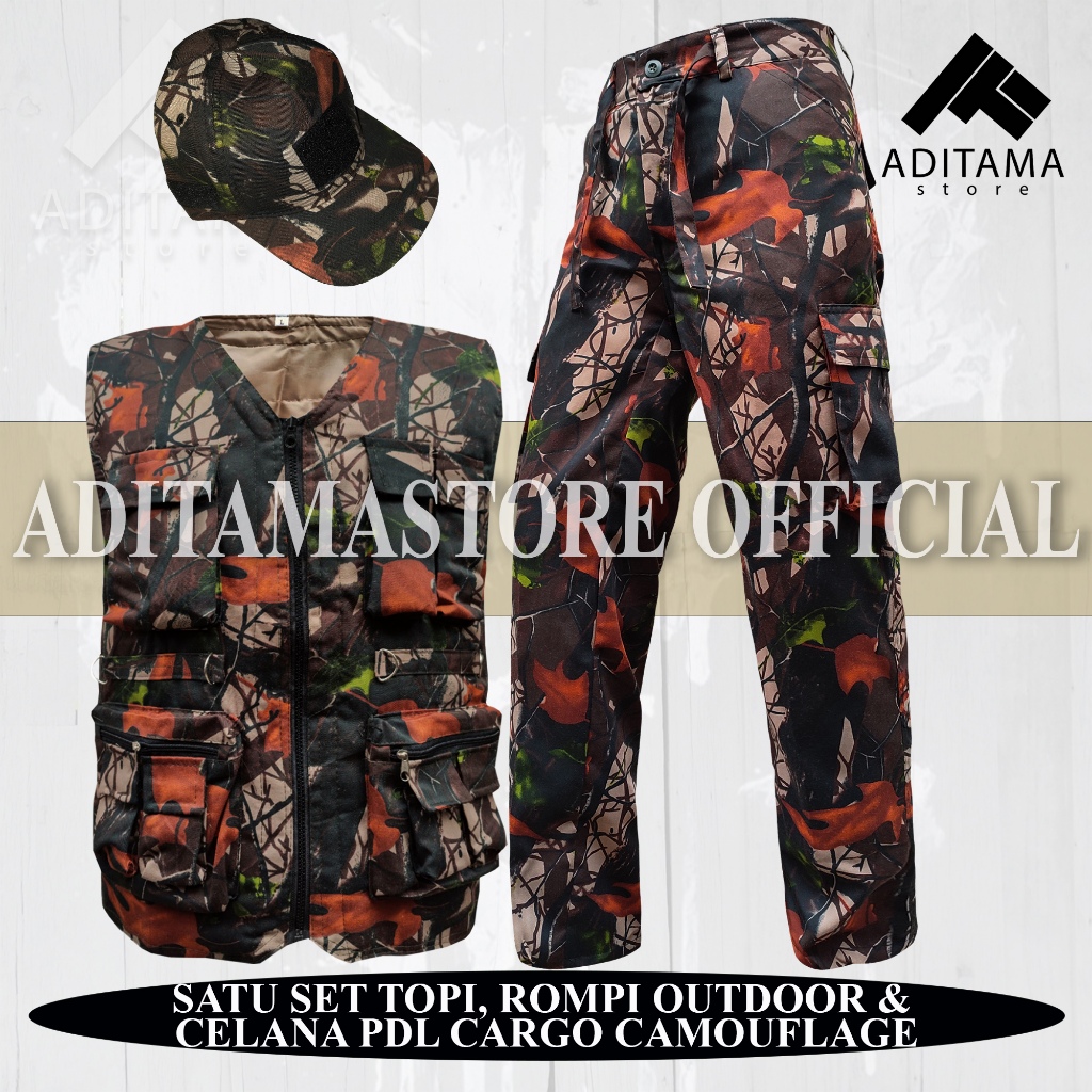 Satu Set Topi Rompi dan Celana Cargo Pants Panjang Loreng Tactical Outdoor Camo Perbakin Vest Kamufl