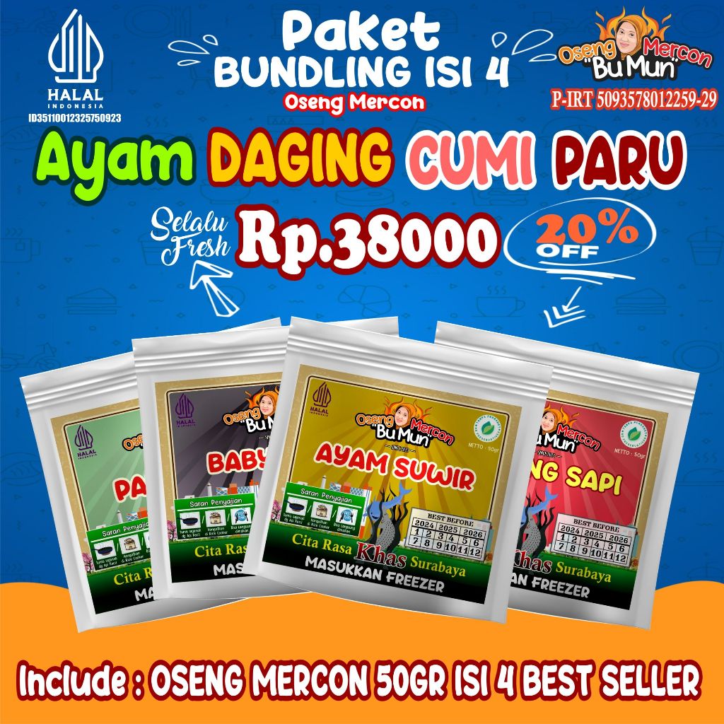 

PAKET BEST SELLER ISI 4, AYAM,DAGING,CUMI,PARU BERAT 50GR