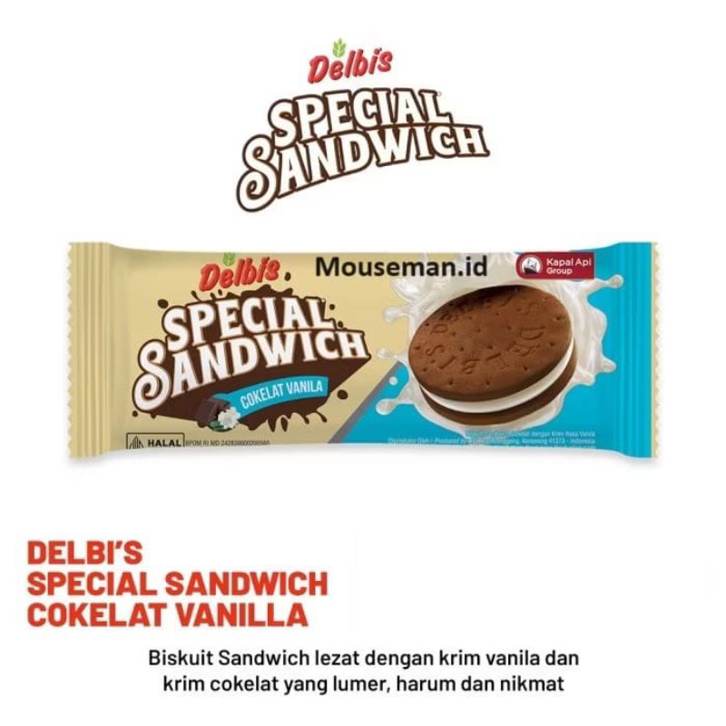 

Delbis SPECIAL SANDWICH COKELAT VANILA Wafer Biskuit Sandwich Cokelat dengan Krim Rasa Vanila 19gr