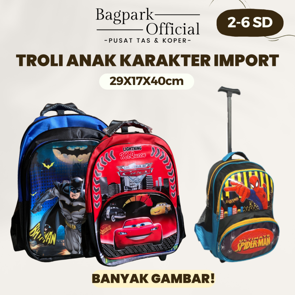 Tas Troli Anak Laki Laki SD Tas Trolley Anak Tas Anak Troli SD Anak Cowok Gambar Cars Spiderman Batm