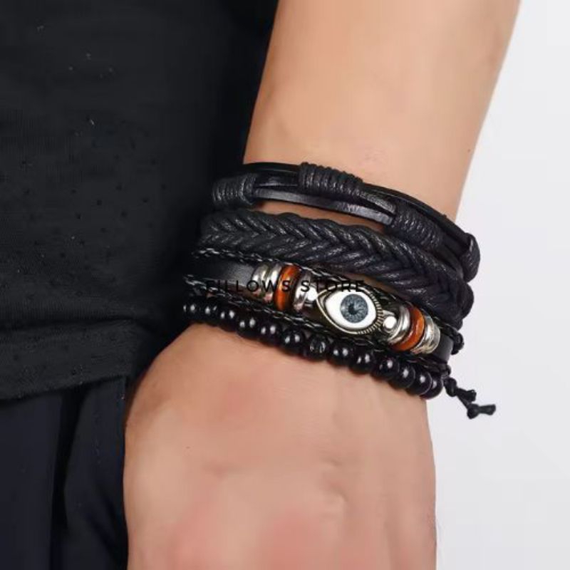Aksesoris Gelang pria keren kulit tumpuk mata multilayer bracelet etnik vintage