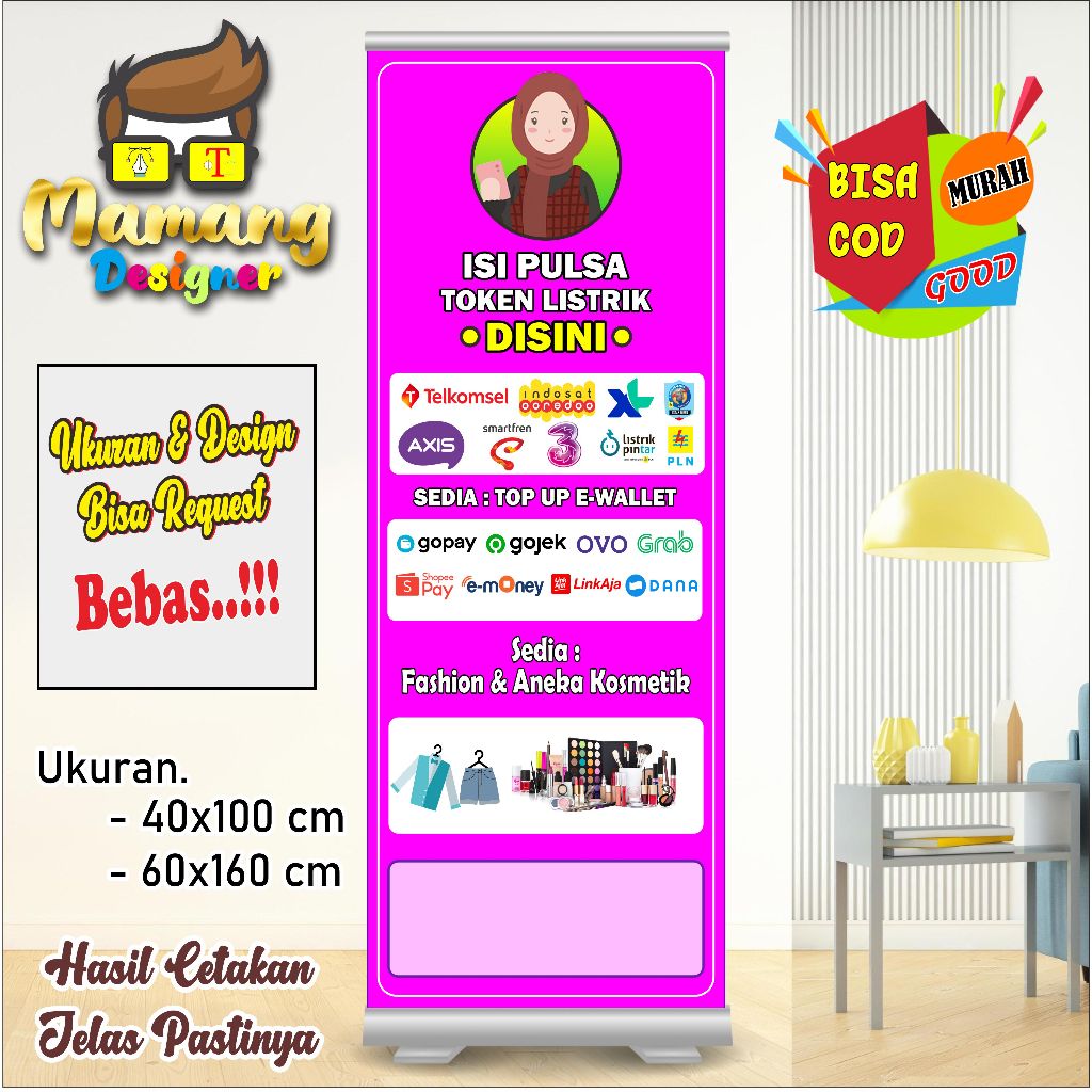 Custom Banner Spanduk MMT Konter Pulsa dan Toko Aksesoris HP bb