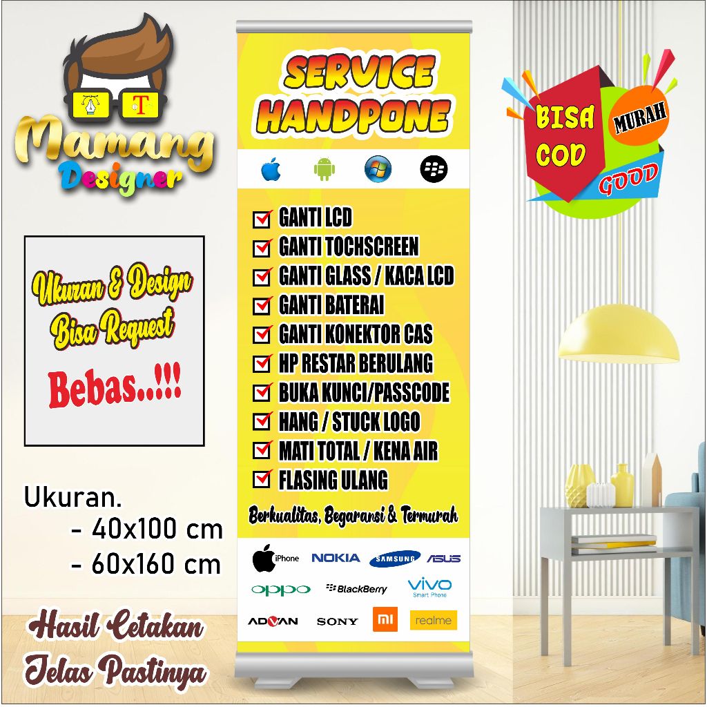 Custom Banner Spanduk MMT Service Hp Warna Kuning bb