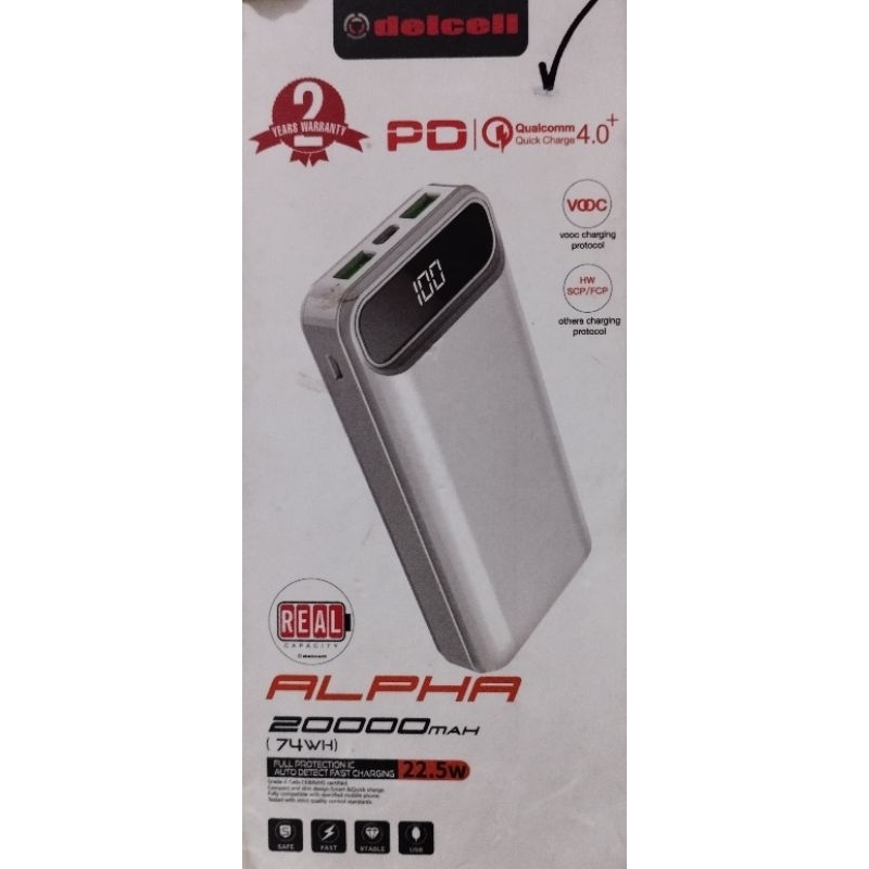Delcell ALPHA 22.5W Powerbank 20000 mAh Real Capacity Digital Display Qc.4.0+PD+VOOC