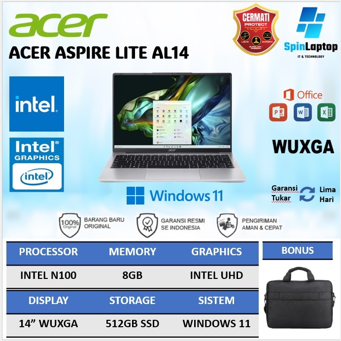 laptop acer aspire lite AL14 INTEL N100 Ram 8GB ssd 512GB Baru Garansi Resmi