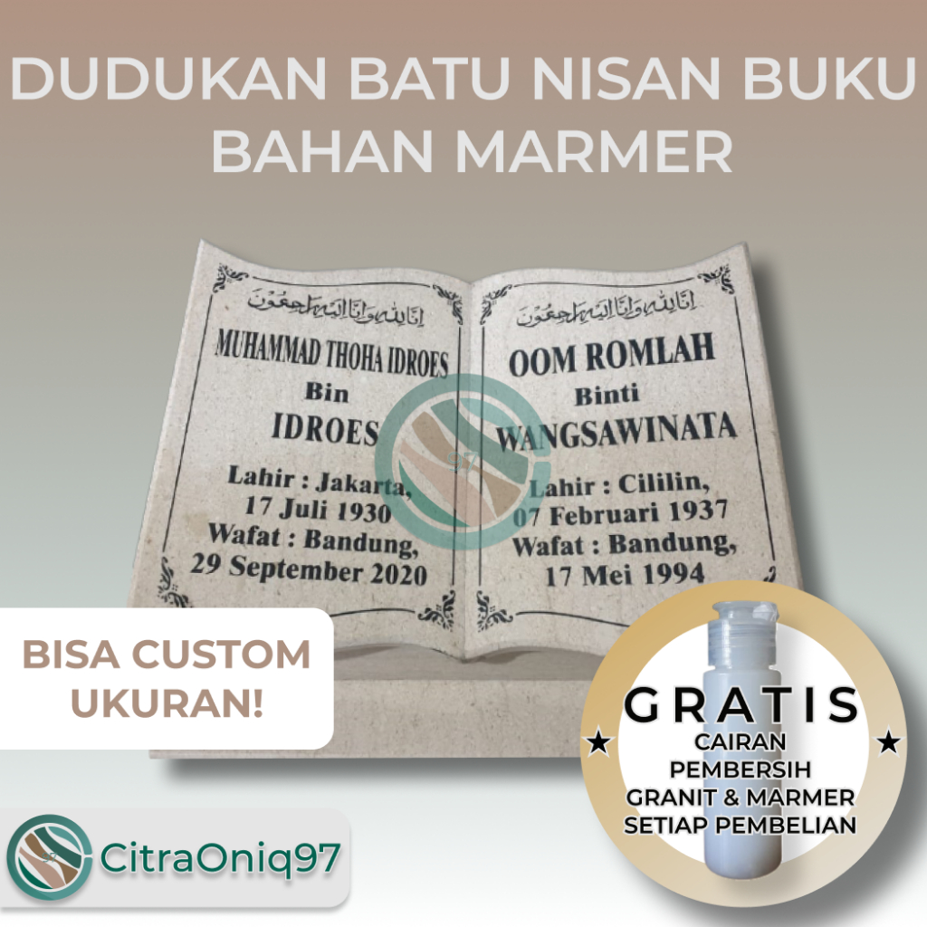 BATU NISAN DUDUKAN BUKU MUSLIM/NON MUSLIM BAHAN MARMER UJUNG PANDANG
