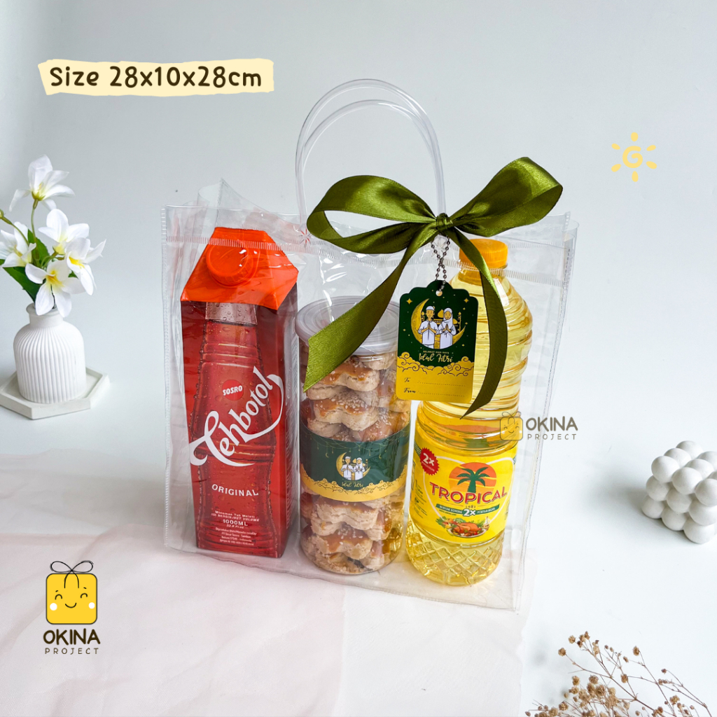 

[PREMIUM - 28x10x28] OKINA Tas Mika Transparan | Tas PVC Bening | Tas Hampers Polos | Goodiebag Hampers | Gift Bag | Souvenir Ulang Tahun