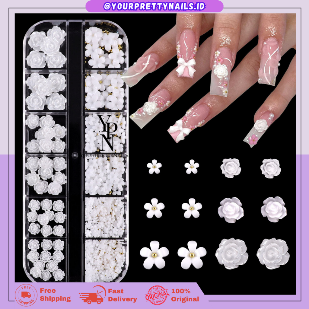 

ACC BOX WHITE FLOWERS / Aksesoris Nail art flowers/ aksesoris 3d nail art/ aksesoris white flower nail art set Nail Accessories Bow/ aksesoris kuku pita alloy nail