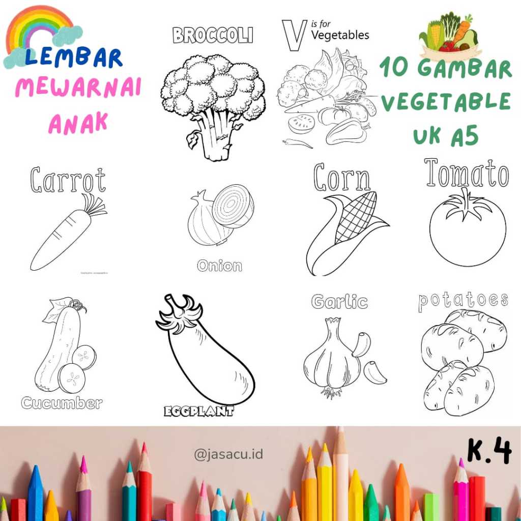 

10 LEMBAR KERTAS MEWARNAI ANAK UKURAN A5 VEGETABLE SAYURAN WORTEL BROKOLI / PERMAINAN ANAK EDUKASI WARNA - JASACU.ID