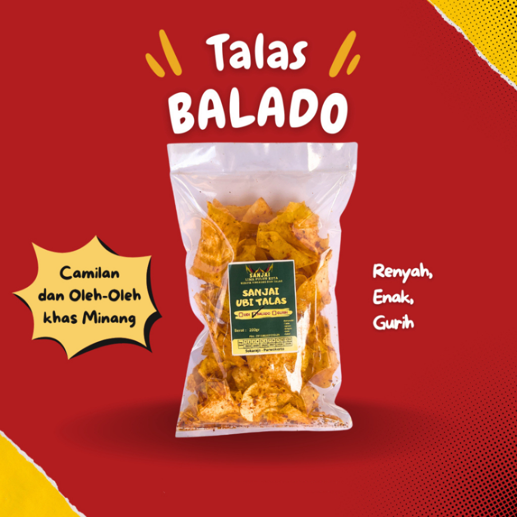 

Keripik Kerupuk SANJAI TALAS BALADO Cemilan Snack Oleh-Oleh khas Minang Sanjai Lima Puluh Kota