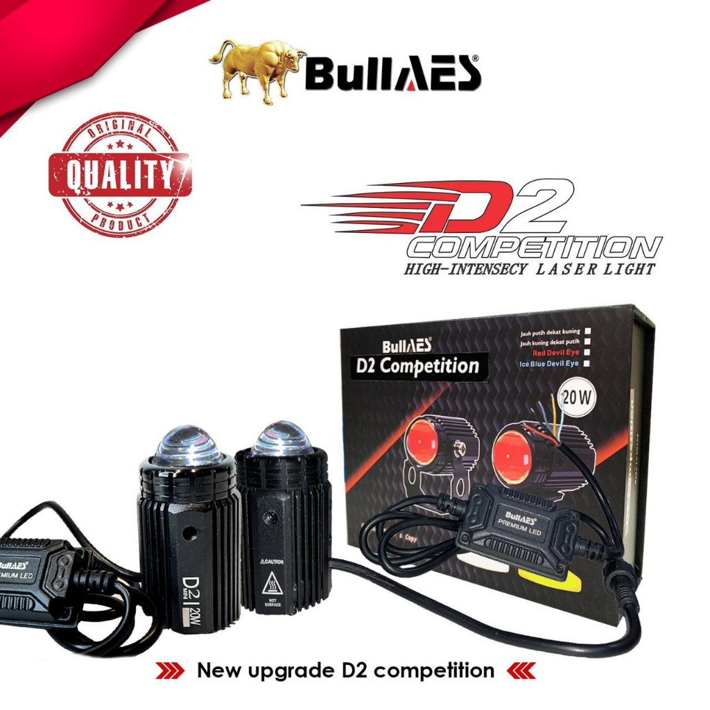 ORIGINAL BULLAES D2 COMPETITION 20 WATT PLUS DEVIL EYES FREE SAKLAR HIGH LO KUNING PUTIH LAMPU SOROT