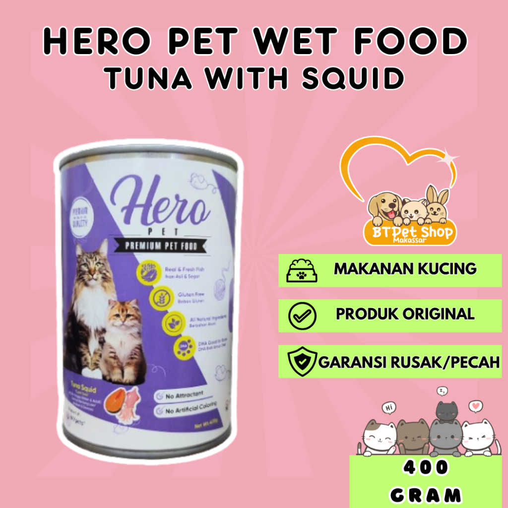 Makanan Basah Kucing Kaleng Hero Pet Tuna With Squid 400gr Cat Wet Food
