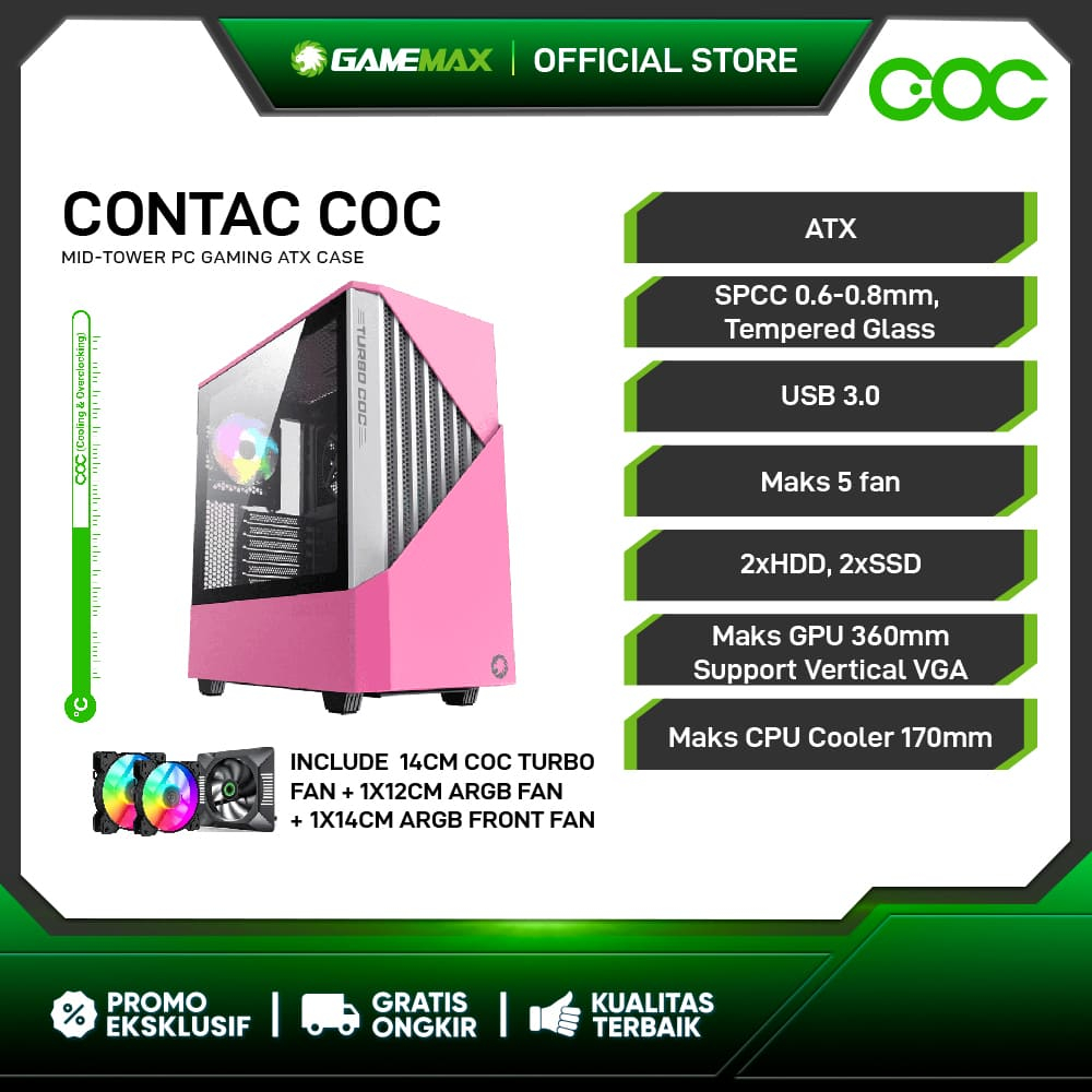 GameMax Contac COC White Pink E-ATX Gaming PC Case With COC Fan & PWM