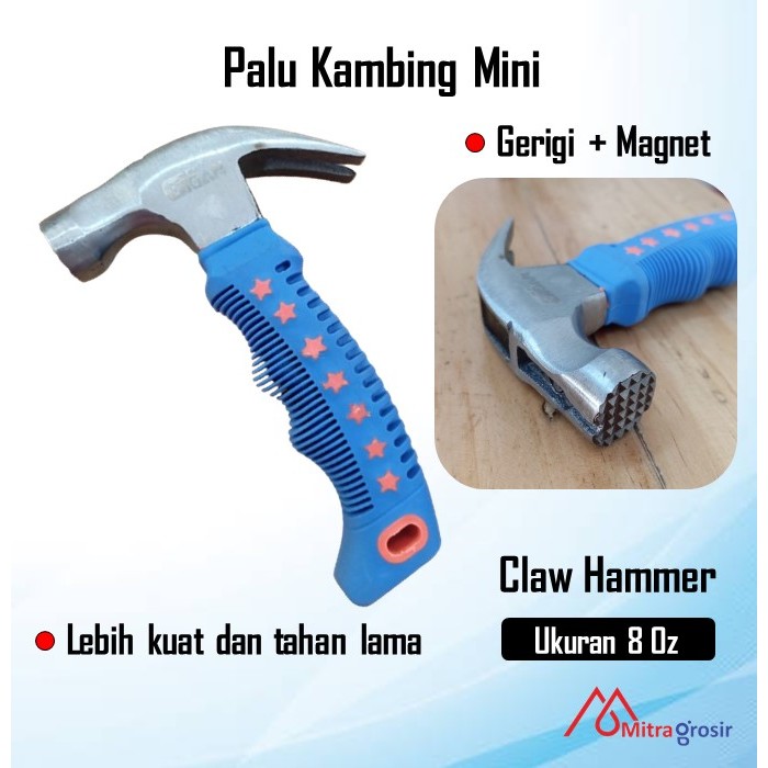 Palu Kambing Mini Gerigi + Magnet Gagang Karet / Palu Kambing Cebol Gagang Fiber Claw Hammer 8 Oz