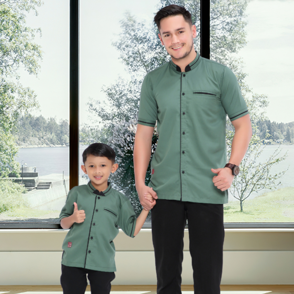 Baju Koko Couple Ayah dan Anak 2024 Lengan Pendek Arra Toyobo Premium Warna Hijau Botol