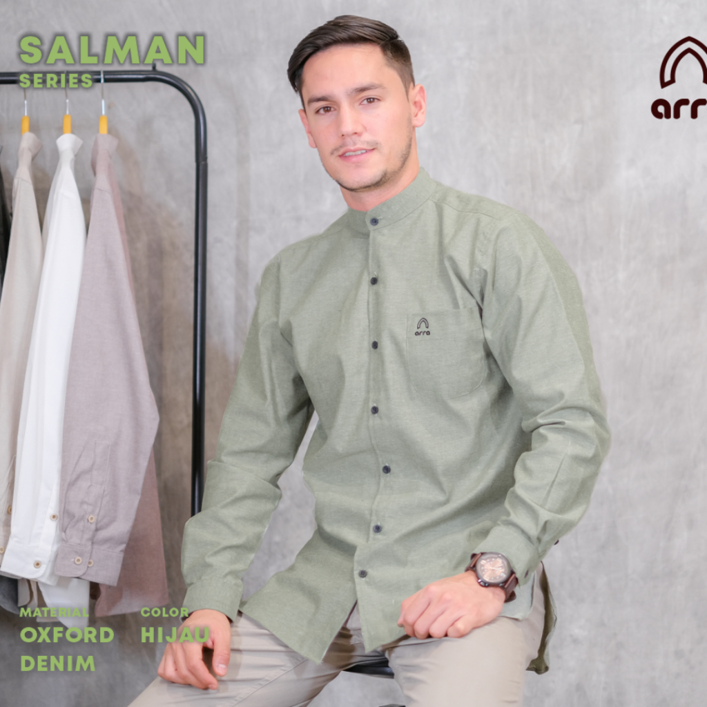 Kemko Pria Lengan Panjang Hijau Mint Arra Oxford Denim Premium