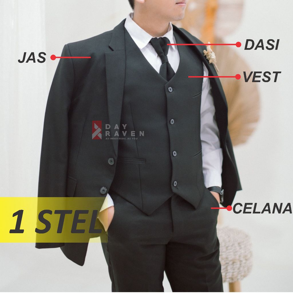 DAYRAVEN - Setelan Jas Vest Celana Formal Premium Original Hitam Semi Casual Pria Blazer Slim Fit