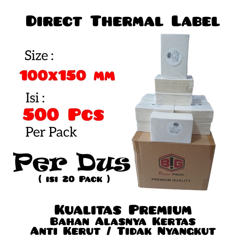 

Per Dus Isi 20 Pack Kertas Sticker Label Thermal Lipat Resi 100x150 mm isi 500 pcs / pack Khusus Buat Printer Thermal Resi Online