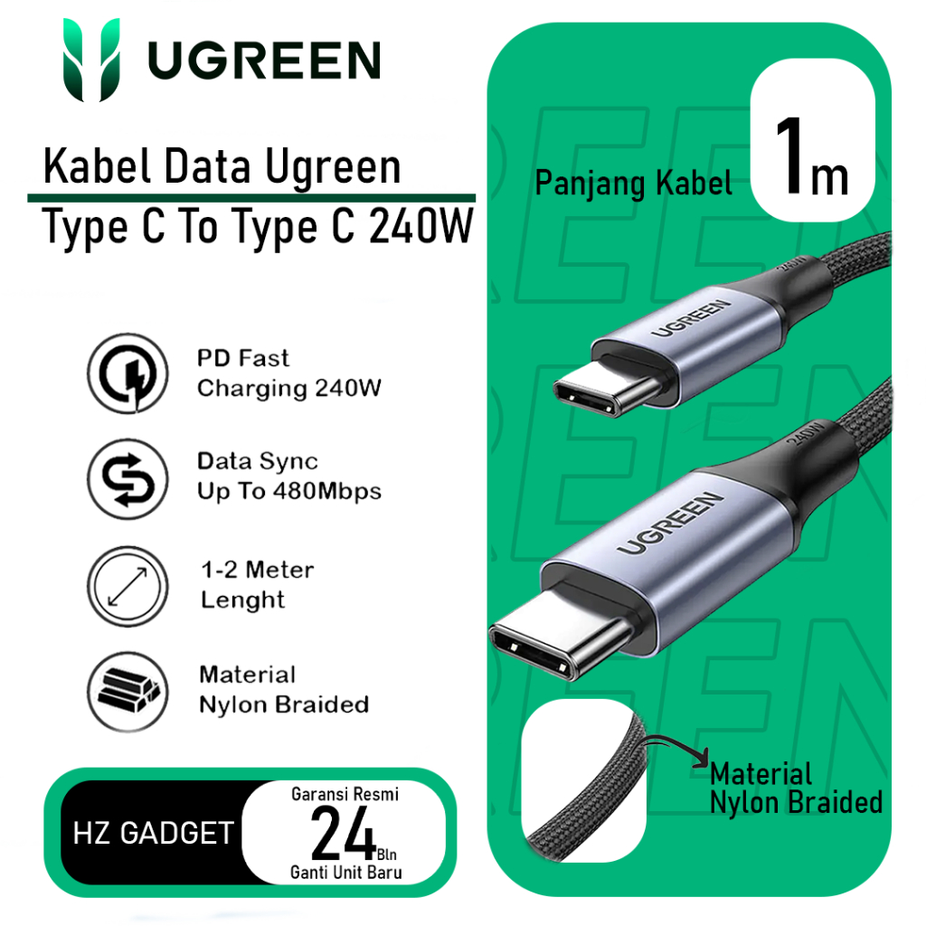 UGREEN Kabel Data USB C To Type C 240W Nylon Braided 1m/2m