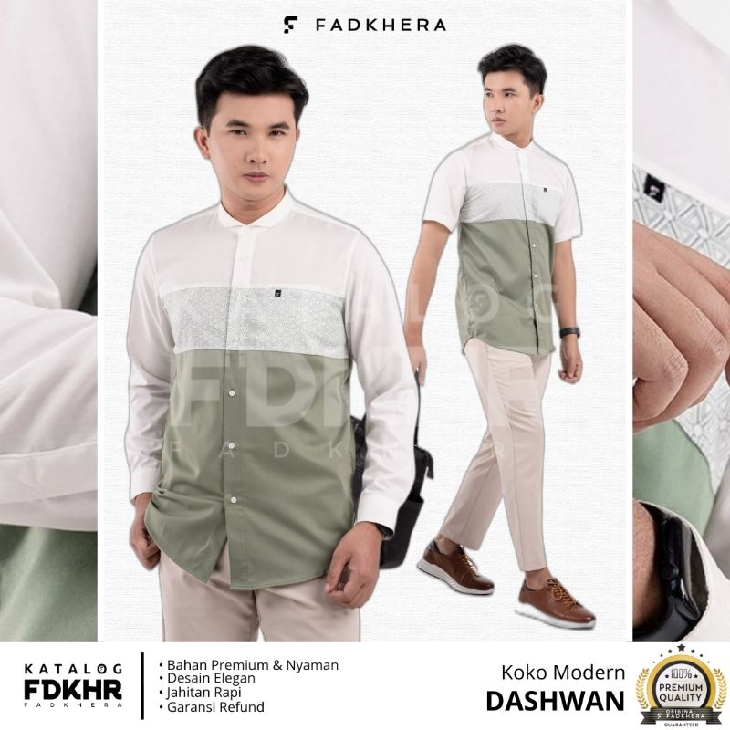 FADKHERA DASHWAN KEMEJA KOKO MODERN BAJU PRIA SAGE GREEN WHITE MOTIF