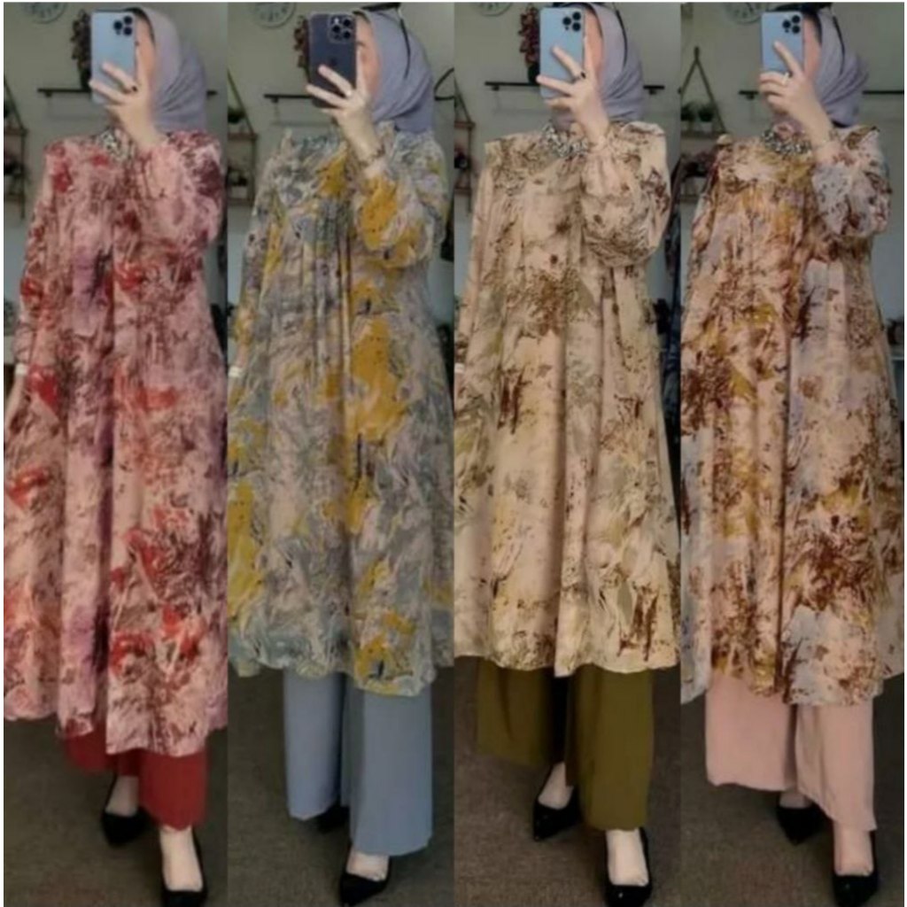 . ALVIRA Tunik Set Baju Bahan Ceruty babydoll dan cCelana Cringkle Setelan Muslim Wanita Busui Frend