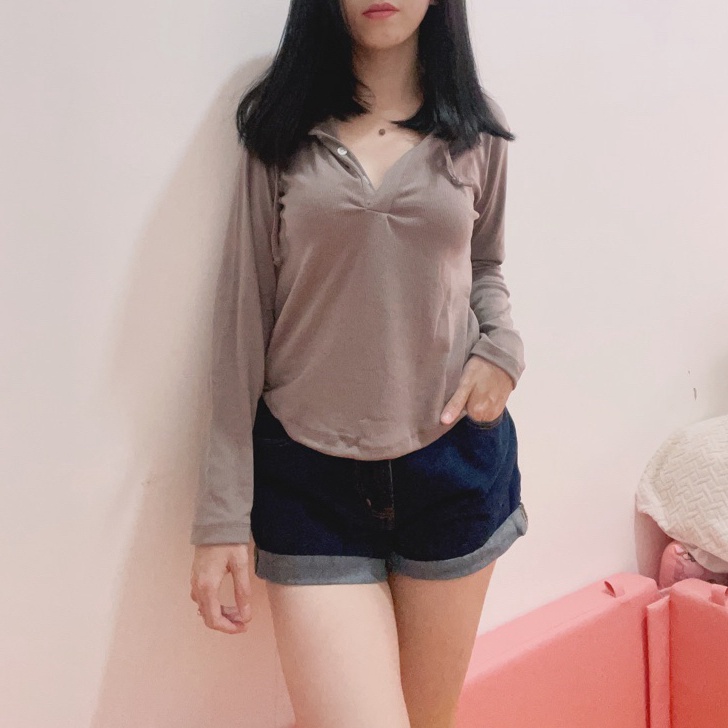 KF7 Hodie wanita  hodie lengan panjang rib wanita  atasan hodie knit polos  top hodie wanita  korean