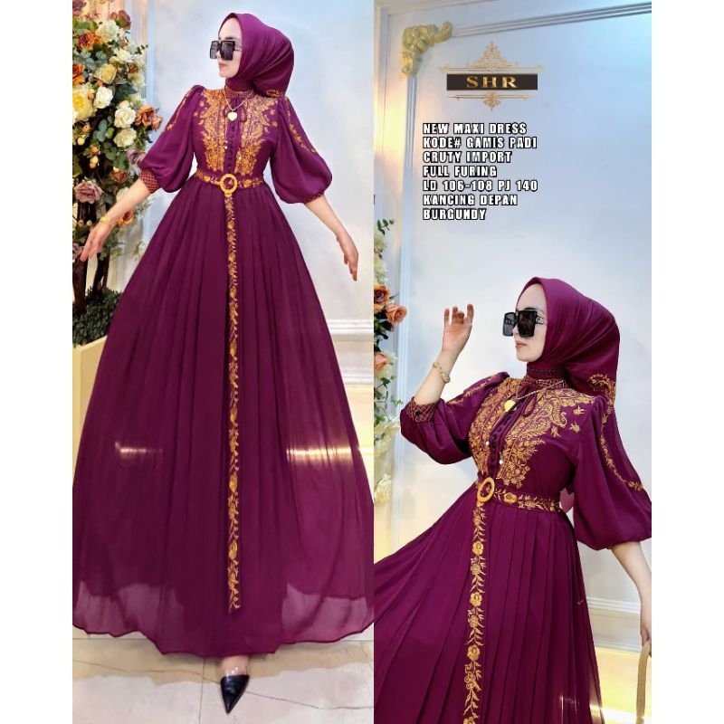 New Maxi Dress  gamis cruty bordir padi full furring, kancing depan ( Busui), SHR ORI
