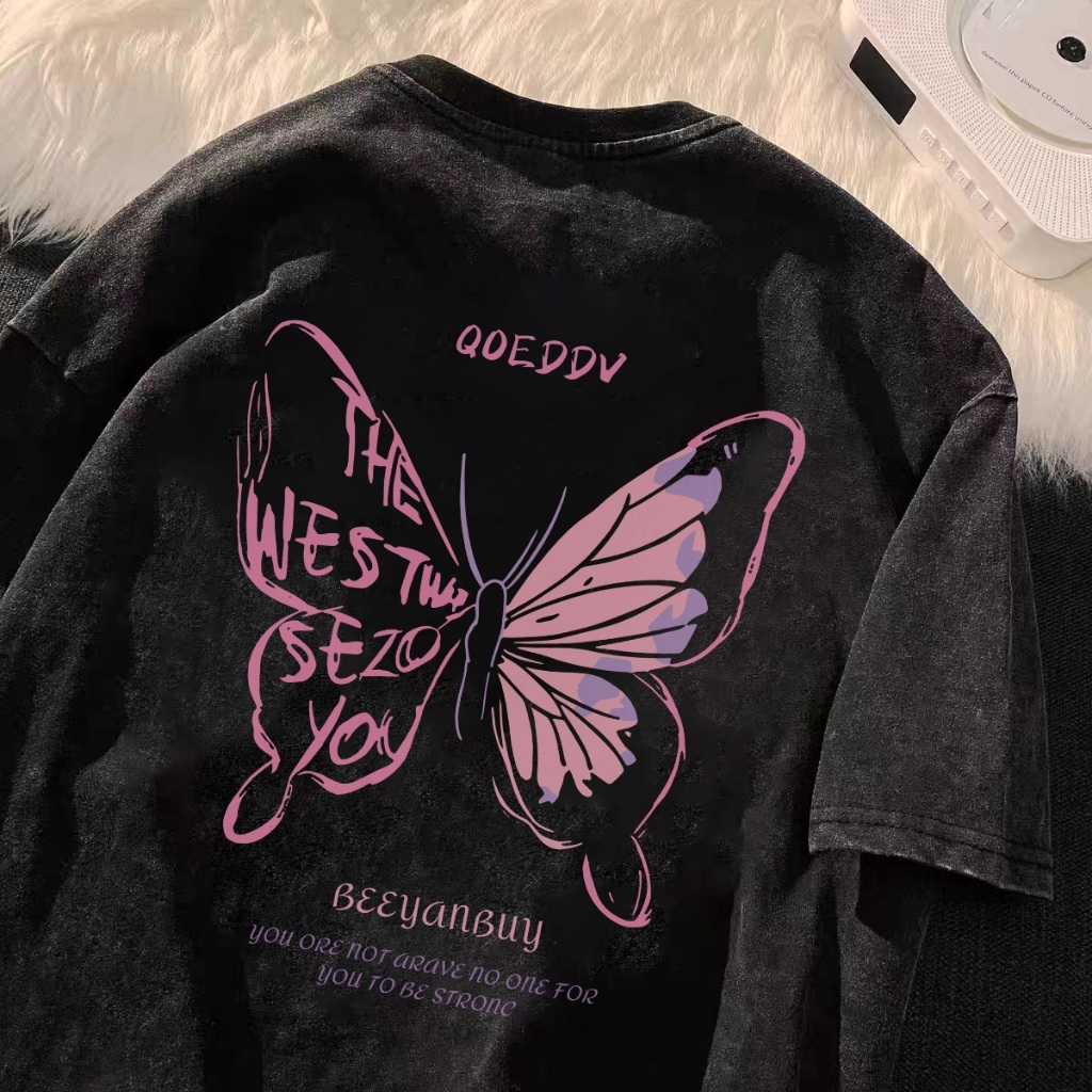 seoul_print T-shirt Hitam Washed Oversize Butterfly Motif Kaos Lengan Pendek Wanita Korean Style Ret