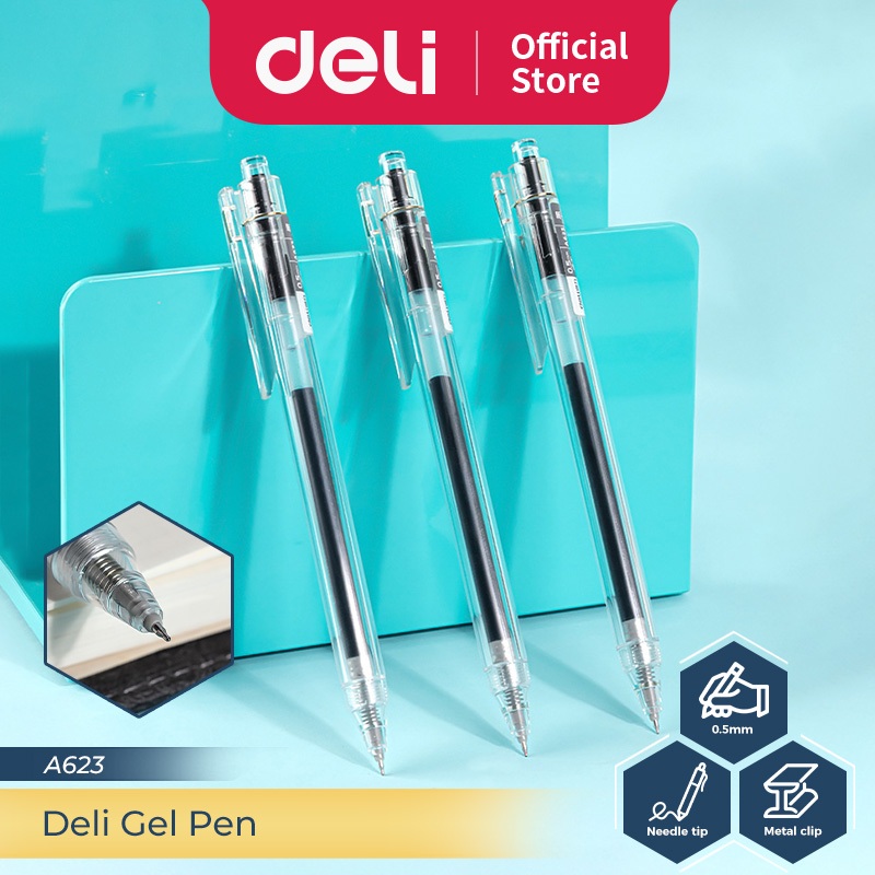 

Deli Gel Pen / Pulpen Gel Retractable Pen Cetek 0.5 mm Tinta Hitam Isi 12 pcs A623-12PCS