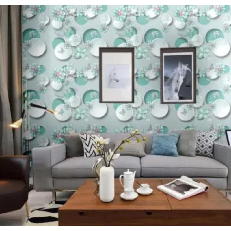 Wallpaper Sticker Dinding POLKADOT BUNGA HIJAU 3D