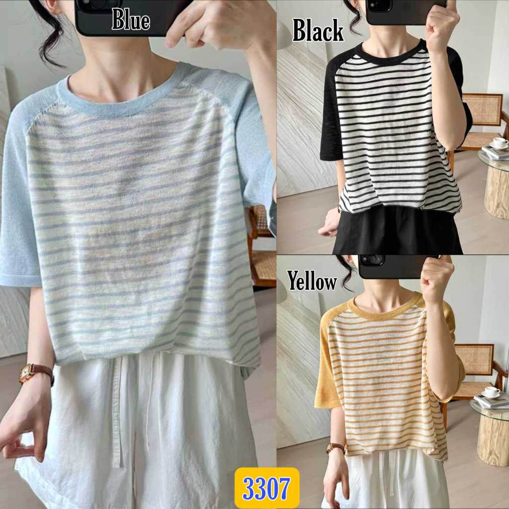 Blouse Pendek Salur Warna 3307 / Atasan Wanita Korea Baju Rajut Lengan Pendek Fashion Ootd Kekinian