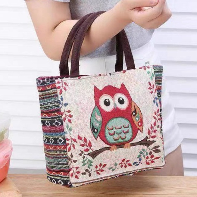 Wah Tas Tangan WanitaTas EtnikTas Bahan Kain Kanvas Motif Owl
