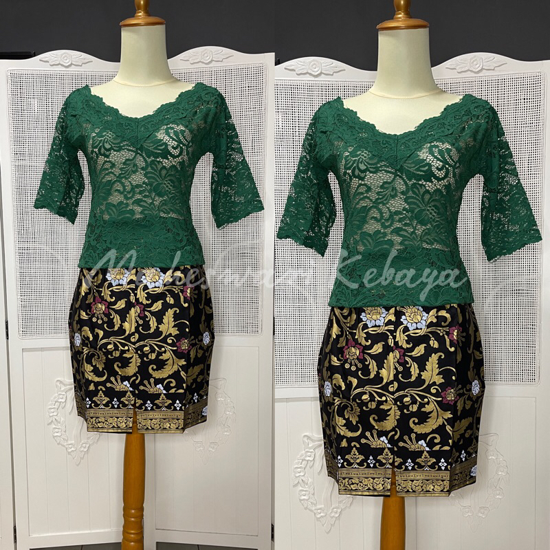 Kebaya Bali Set Brukat Sabrina Pendek Hijau Botol Rok Pendek