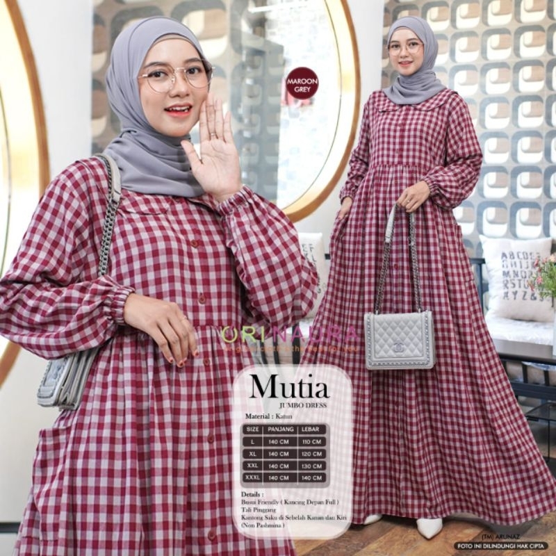 Gamis Wanita Motif Kotak-Kotak Mutia Dress Orinaura - Modis Casual -  L / XL / XXL