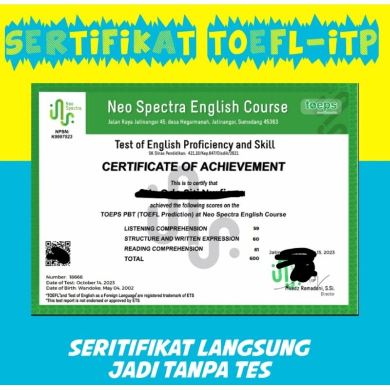 

TOEFL PBT/TOEFL PREDICTION SERTIFIKAT (Bebas Tes)