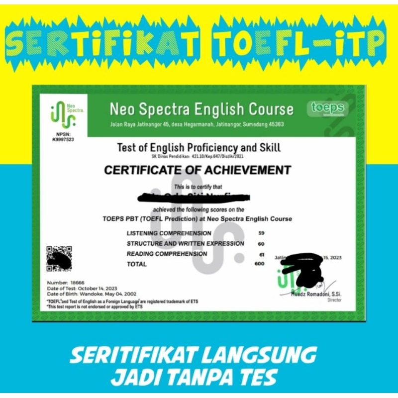 TOEFL PBT/TOEFL PREDICTION SERTIFIKAT (Bebas Tes)