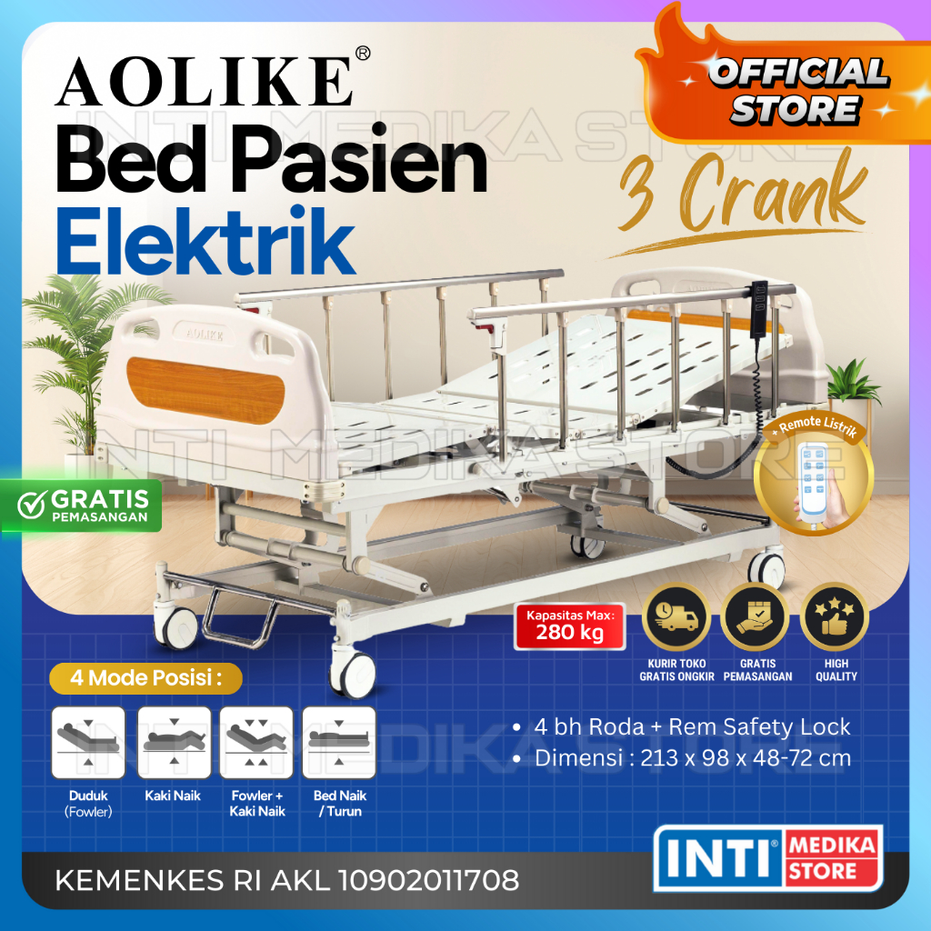AOLIKE - Hospital Bed Pasien ELECTRIC 3 Crank Ranjang Pasien Elektrik