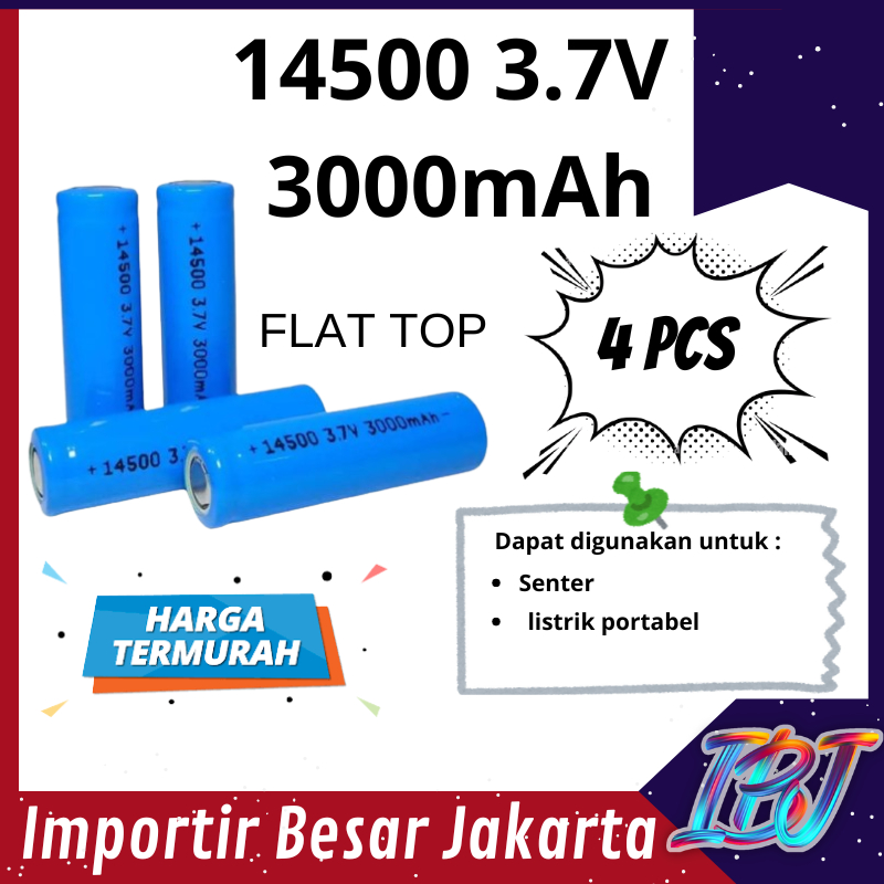 PROMO Baterai 14500 3000mAh 3.7V Rechargeable FLAT TOP Baterai 14500 3.7V 3000mAh harga 4 PCS