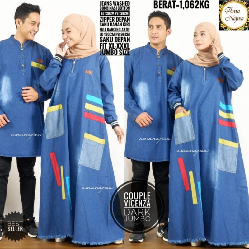 COUPLE BAJU DAN GAMIS JUMBO LD 120 VICENZA COUPLE JEANS BY AMANAJWA
