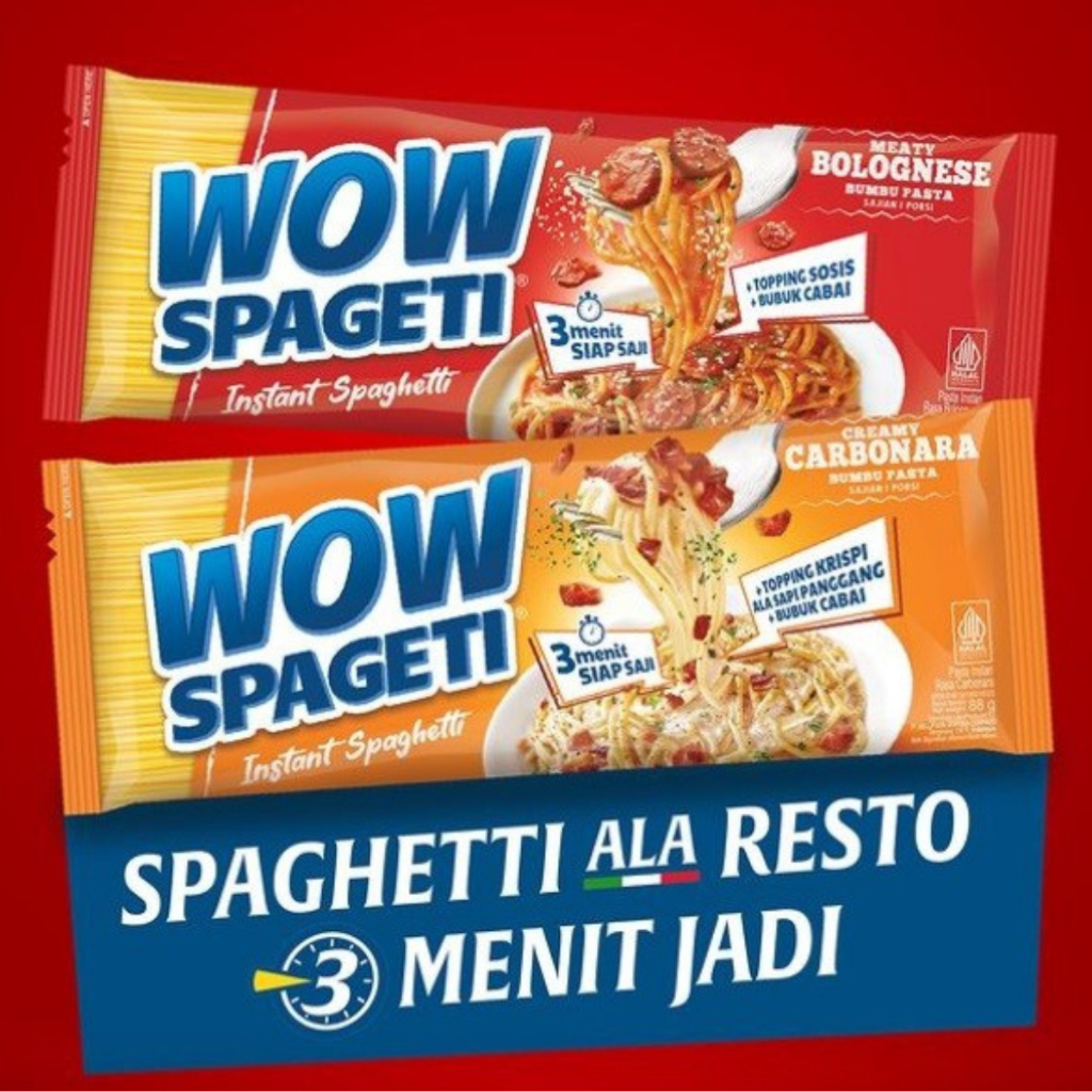 

Pasta Mie WOW SPAGETI Spaghetti Instant Rasa Bolognese Carbonara Aglio Olio 84g / 88g