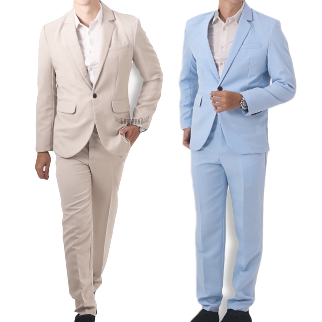 stelan blazer jas set pria warna khaki dan biru langit slimfit casual formal doff realpic