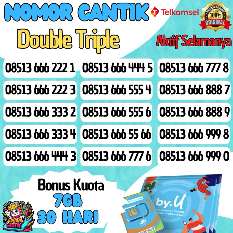 Nomor Cantik Couple Double Triple Kartu Perdana by.U Telkomsel (Bonus Kuota 7gb/30hari)